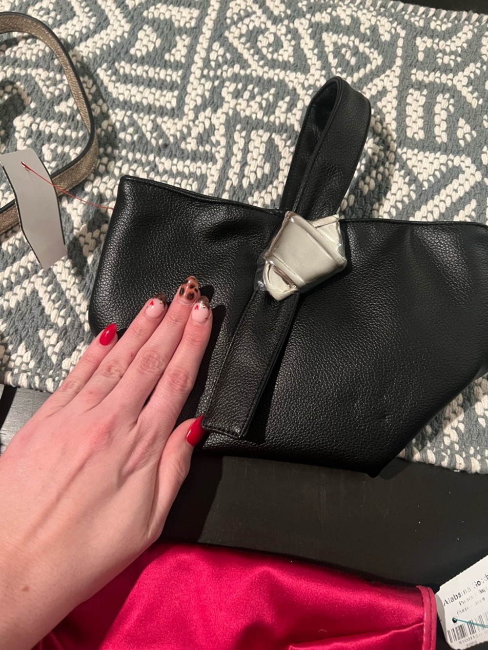 Black Pebble Leather Wristlet Clutch with Silver Buckle